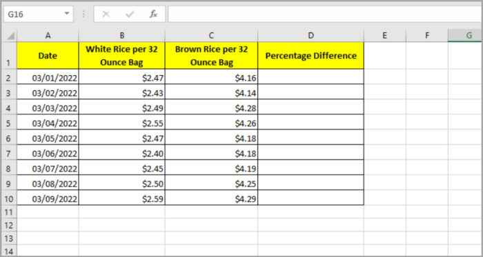 Calculating Percentage Difference in Microsoft Excel